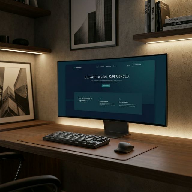 Professional Korbies design studio workspace featuring a minimalist desk and high-end monitor